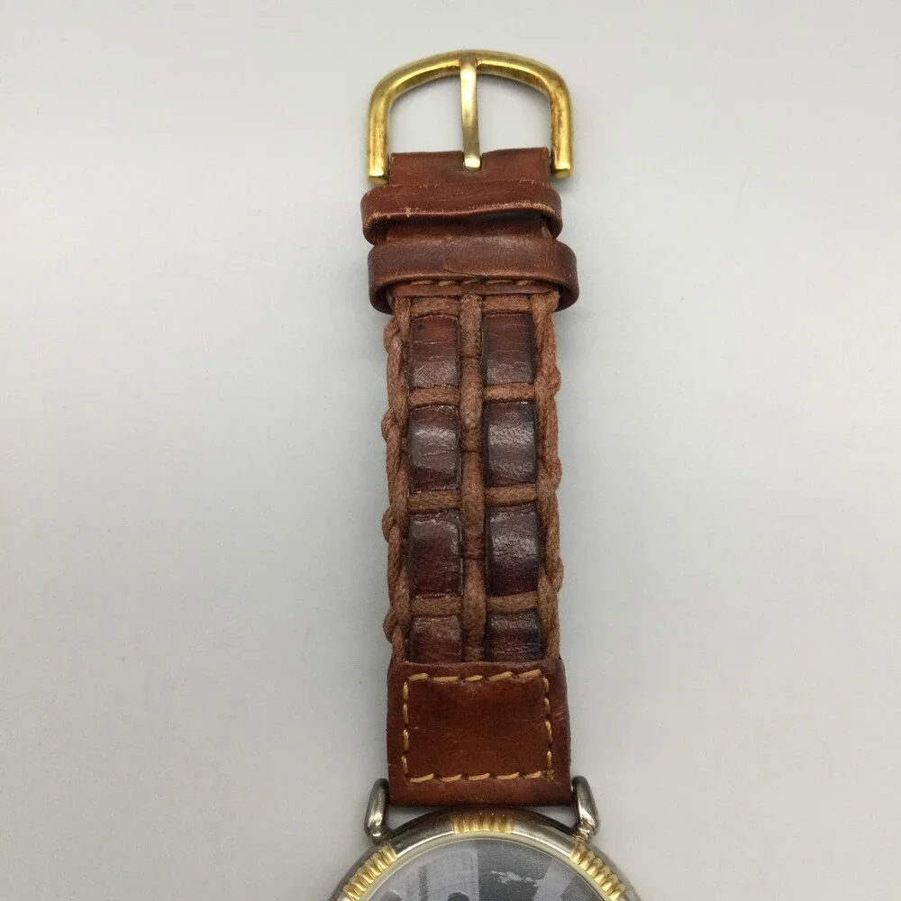 SAP Mens Watch 33mm Black SAP Logo Dial Brown Leather Strap Two Tone New Battery